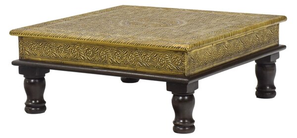 Čajový stolek z mangového dřeva zdobený mosazným kováním, 38x38x16cm
