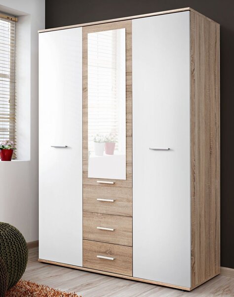 Skříň se zrcadlem do dětského pokoje EMAN - šířka 135 cm, dub sonoma / bílá