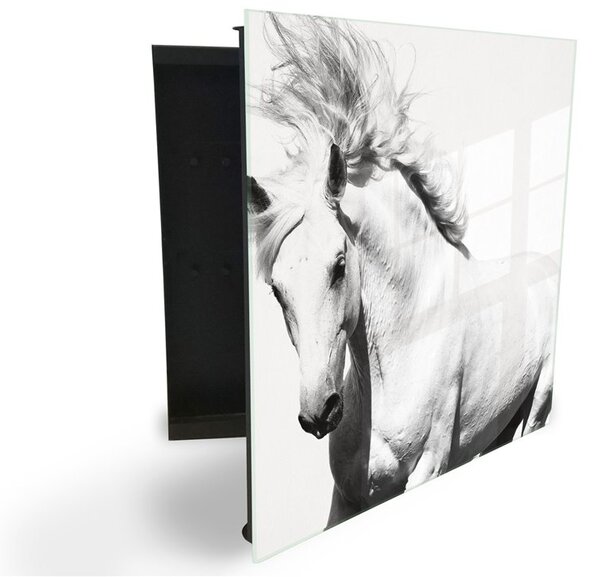 Glasdekor skříňka na klíče dekor - kůň bílý - Pravé / Černá