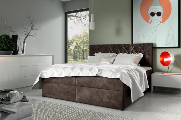 Postel boxspring s prošívaným čelem EUGENA - 160x200, hnědá 1 + topper ZDARMA