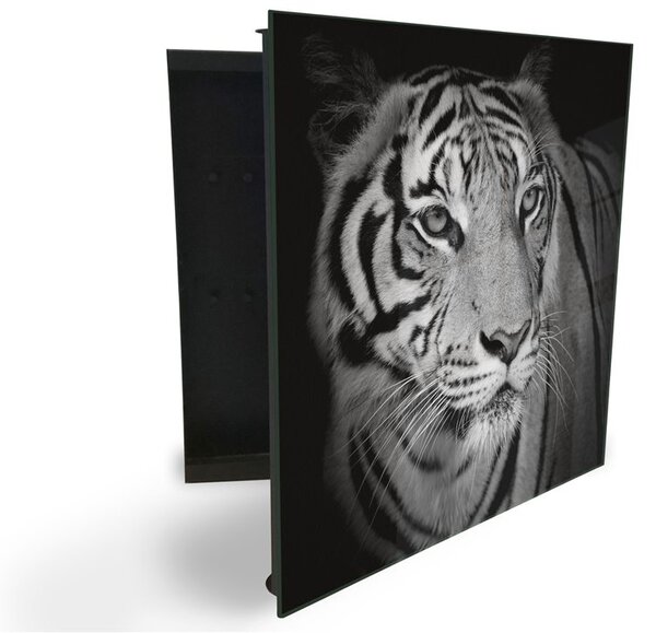 Glasdekor skříňka na klíče - hlava černobílý tygr - Pravé / Bílá