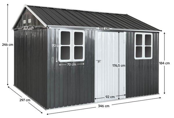 KONDELA Plechový zahradní domek na nářadí, antracitová, 3,6x3,1x2,5 m, GABKO