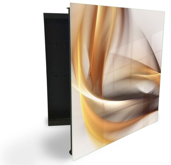 Glasdekor skříňka na klíče - zlato hnědá abstraktní vlna - Levé / Bílá