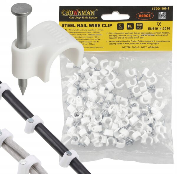 Držáky kabelů na girlandy s 6mm hřebíky, 100 kusů, bílé CROWNMAN