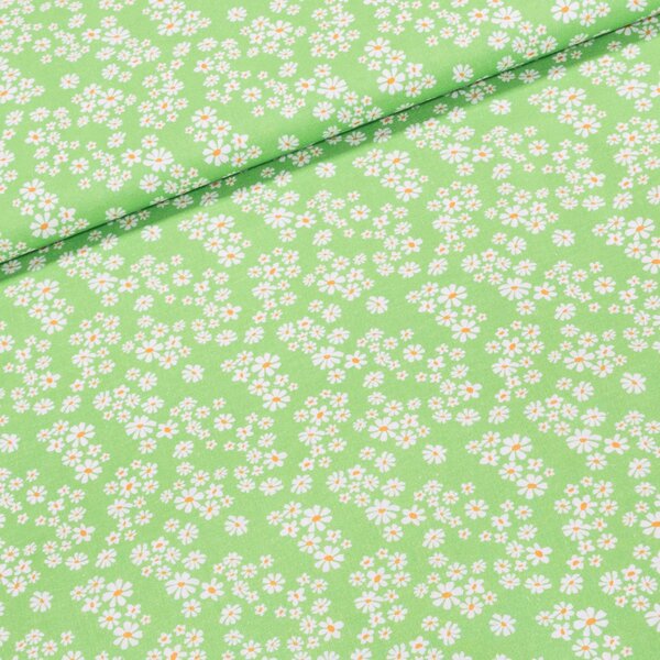 Bavlněné plátno TREND 5 VERDE, bílé kytičky na jarní zelené, š.150cm (látka v metráži)