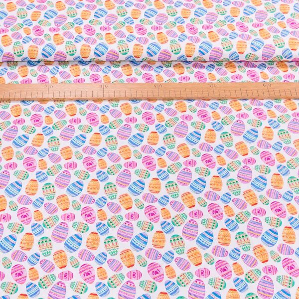 Bavlněné plátno velikonoční TREND OEFS 60 MULTICOLOR, barevná velikonoční vajíčka na bílé, š.150cm (látka v metráži)