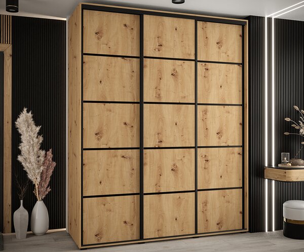 Šatní skříň s posuvnými dveřmi DAVOS 4, 190cm | DUB Artisan / černé pojezdy