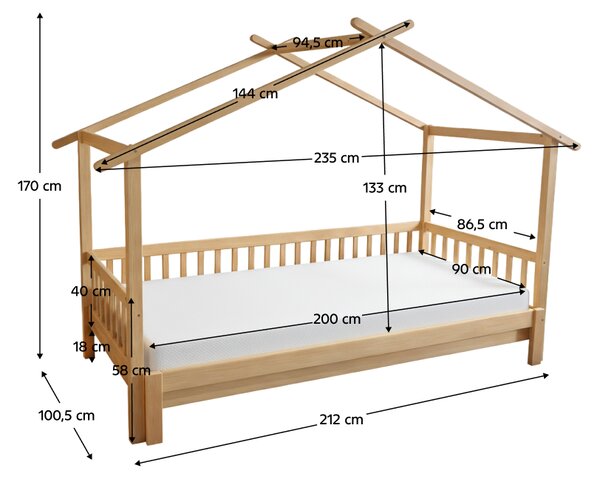 KONDELA Montessori postel s přistýlkou, přírodní, 90x200, KESIO