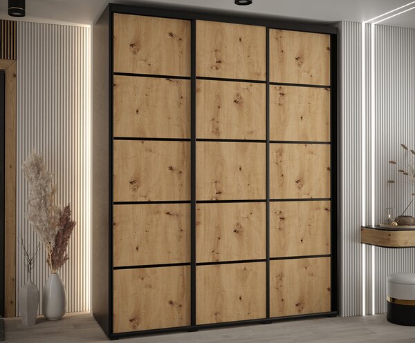 Šatní skříň s posuvnými dveřmi DAVOS 4, 190cm | Černá / DUB Artisan / černé pojezdy