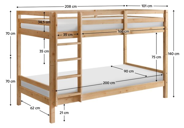 KONDELA Patrová postel, 90x200, masivní dřevo, přírodní, INEZA