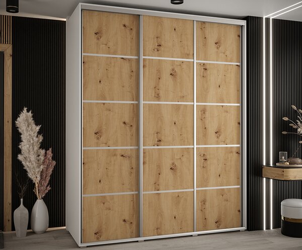 Šatní skříň s posuvnými dveřmi DAVOS 4, 190cm | Bílá / DUB Artisan / stříbrné