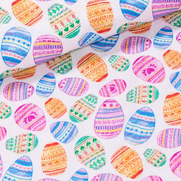 Bavlněné plátno velikonoční TREND OEFS 60 MULTICOLOR, barevná velikonoční vajíčka na bílé, š.150cm (látka v metráži)