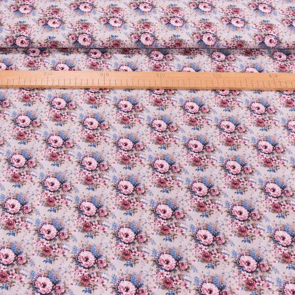 Bavlněné plátno PETITE BERGERAC-A 1 ROJO, růžové a modré květiny na béžové, š.150cm (látka v metráži)