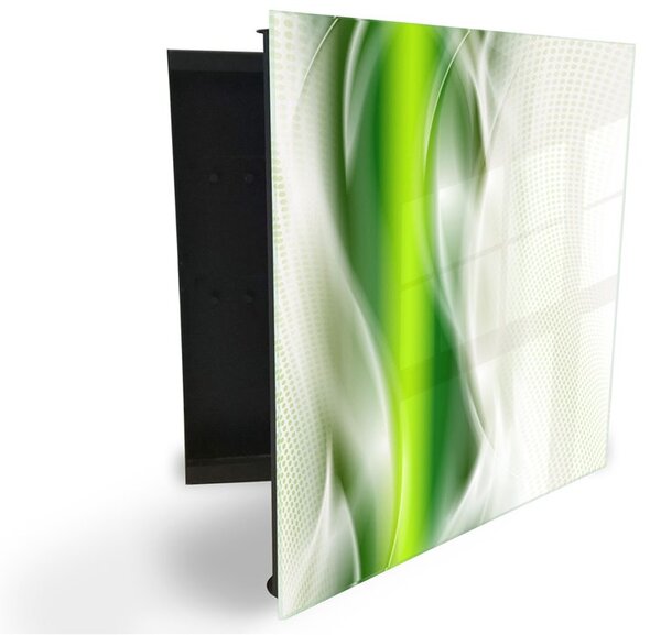 Glasdekor skříňka na klíče - zelená abstraktní vlna - Levé / Černá