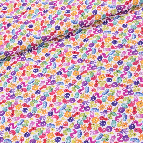 Bavlněné plátno dětské TREND VIRUS 60 MULTICOLOR, barevné viry na bílé, š.150cm (látka v metráži)