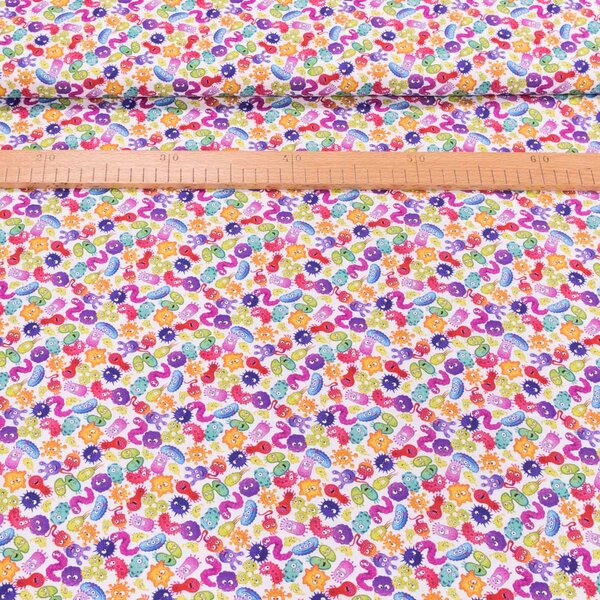 Bavlněné plátno dětské TREND VIRUS 60 MULTICOLOR, barevné viry na bílé, š.150cm (látka v metráži)