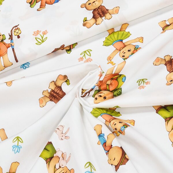 Bavlněný satén dětský LITTLE BEARS DIGITÁLNÍ TISK, medvídek na bílé, š.150cm (látka v metráži)