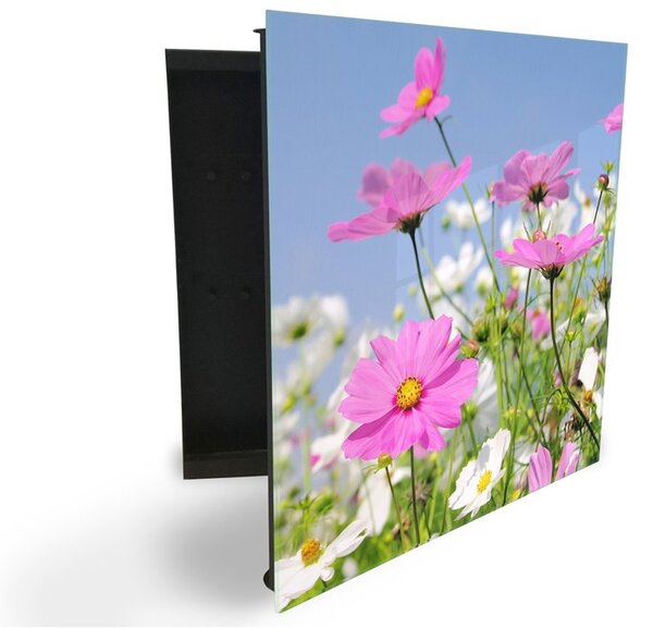 Glasdekor skříňka na klíče - květy letní louky a nebe - Levé / Černá