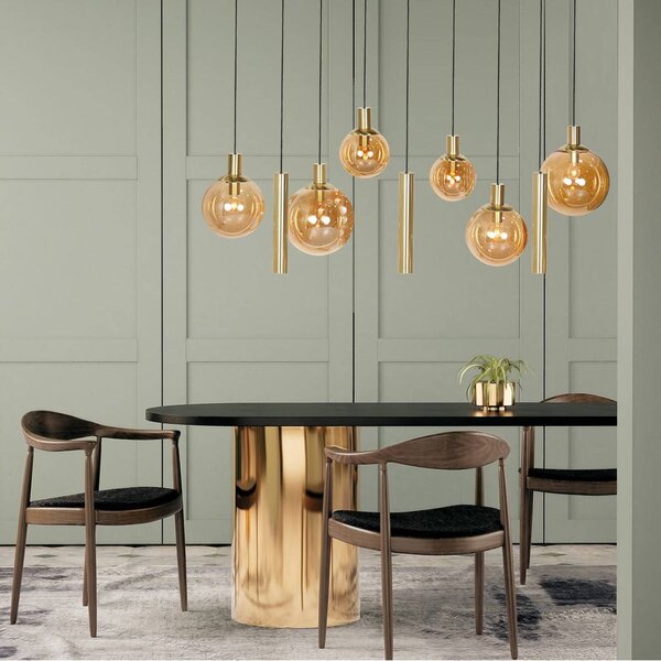 Steinhauer Závěsné světlo Bollique, mosaz, 9 žárovek, dlouhé, sklo, kov, stmívatelný, Mosaz / zlato, Obývací pokoj / jídelna, kov