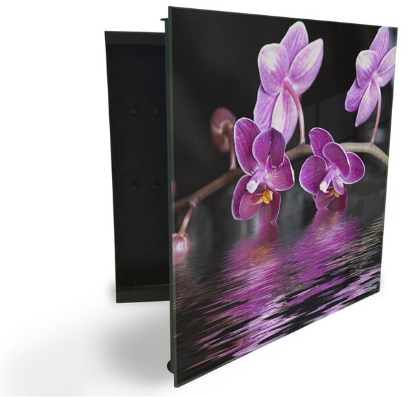 Glasdekor skříňka na klíče - květy temně fialové orchideje nad hladinou - Pravé / Bílá
