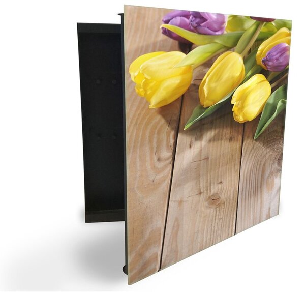 Glasdekor skříňka na klíče - žluté tulipány na dřevě - Levé / Bílá