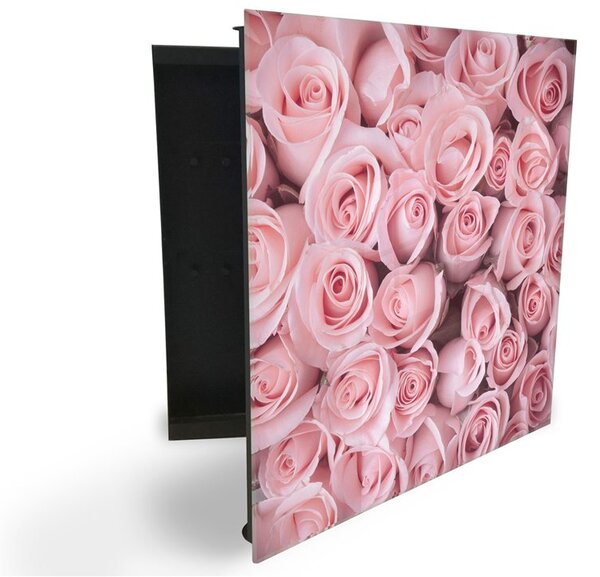 Glasdekor skříňka na klíče - květy světle růžových růží - Pravé / Černá
