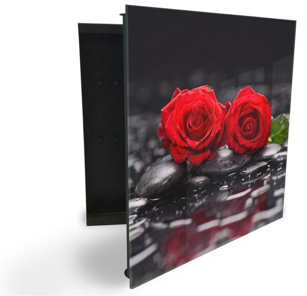 Glasdekor skříňka na klíče - červený květ růže na černém kameni - Pravé / Bílá