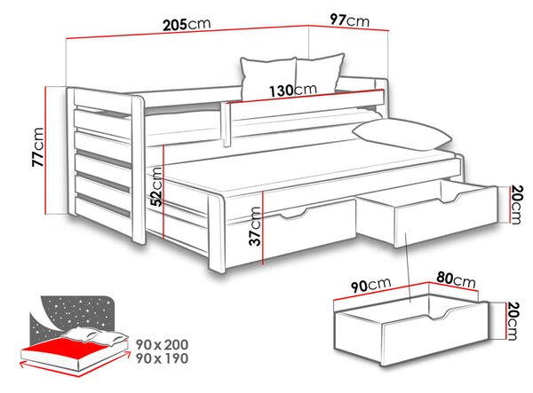 Rozkládací dětská postel 90x200 GERA - bílá / šedá