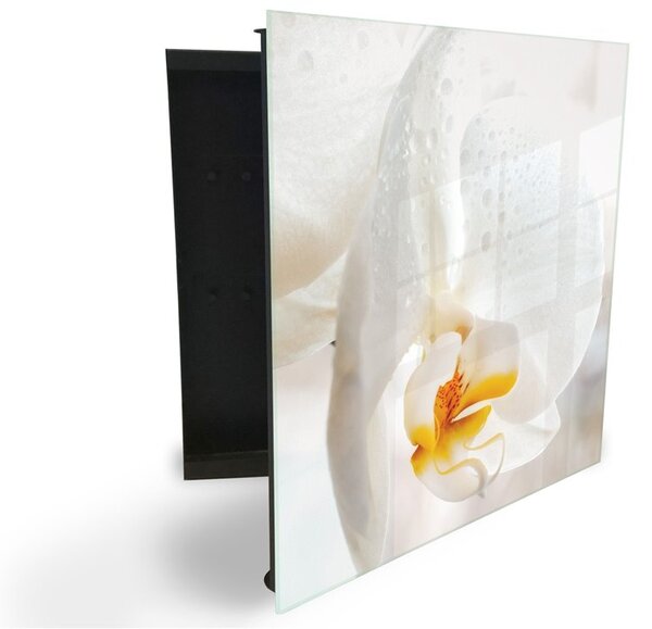 Glasdekor skříňka na klíče - detail květu bílá orchidej - Pravé / Černá