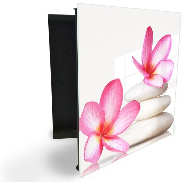 Glasdekor skříňka na klíče - růžový květ na bílém kameni - Pravé / Bílá