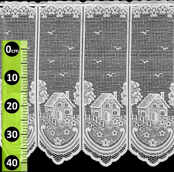 Brilltex žakárová vitrážová záclona DOMEČKY DD695, bílá výška 45cm (v metráži)