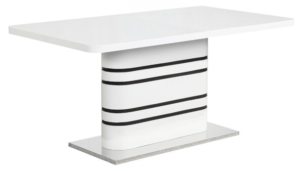 KONDELA Jídelní rozkládací stůl, bílá vysoky lesk HG / černé pásky, 160-220x90 cm, TUBAL