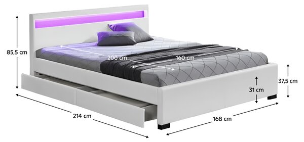 KONDELA Manželská postel s úložným prostorem, RGB LED osvětlení, bílá ekokůže, 160x200, CLARETA