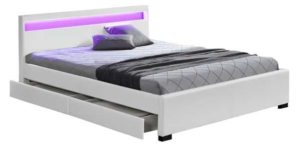 KONDELA Manželská postel s úložným prostorem, RGB LED osvětlení, bílá ekokůže, 160x200, CLARETA