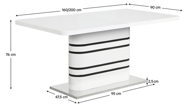 KONDELA Jídelní rozkládací stůl, bílá vysoky lesk HG / černé pásky, 160-220x90 cm, TUBAL