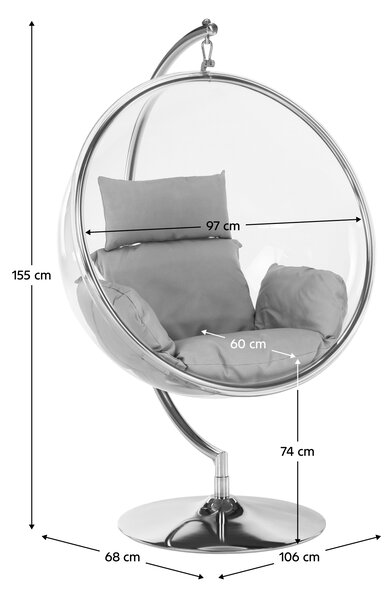 KONDELA Závěsné křeslo se stojanem, transparentní/stříbrná/šedá, BUBBLE NEW TYP 3