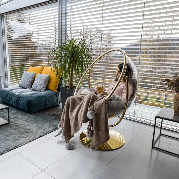 KONDELA Závěsné křeslo se stojanem, transparentní/zlatá/šedá, BUBBLE NEW TYP 2