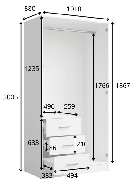 Úzká šatní skříň se zrcadlem 101 cm SIBATE - bílá
