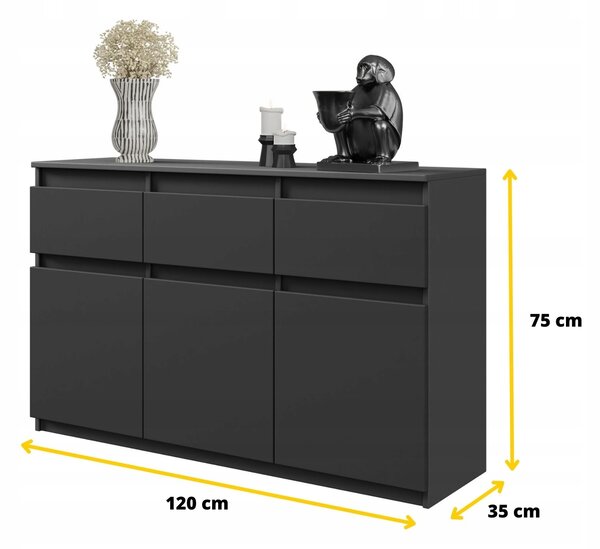 Komoda Furnica Noah antracitová 120 cm 3 zásuvky 3 dvířka matná