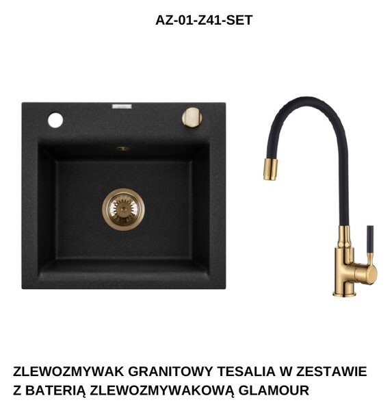 INVENA - Granitový dřez TESALIA, černý s automatickým sifonem, zlatý + baterie GLAMOUR AZ-01-Z41-SET