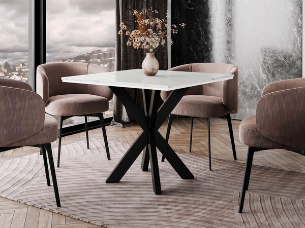 Designový jídelní stůl 90x90 MUKILTEO - mramor bílý / lesklý bílý / černý
