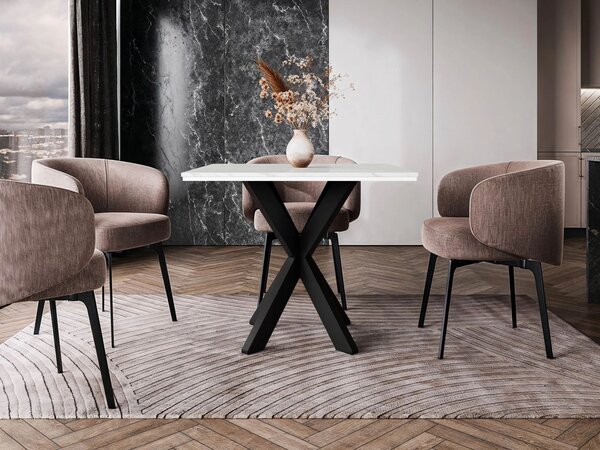 Designový jídelní stůl 90x90 MUKILTEO - mramor bílý / lesklý bílý / černý