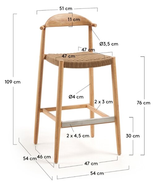 Dřevěná barová židle Kave Home Nina 76 cm s hnědým výpletem