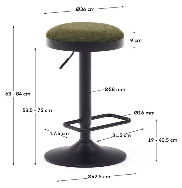 Tmavě zelená čalouněná barová židle Kave Home Zaib 63-84 cm