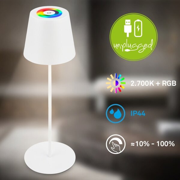 Briloner 7510016 - LED RGBW Stm stolní lampa CALIDA 2,5W/5V IP44 1200 mAh bílá