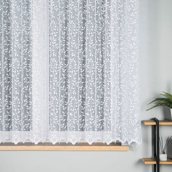 Buona vitrážová záclona, polyesterový batist 44716, vyšívané ornamenty s bordurou, bílá výška 30cm (v metráži)