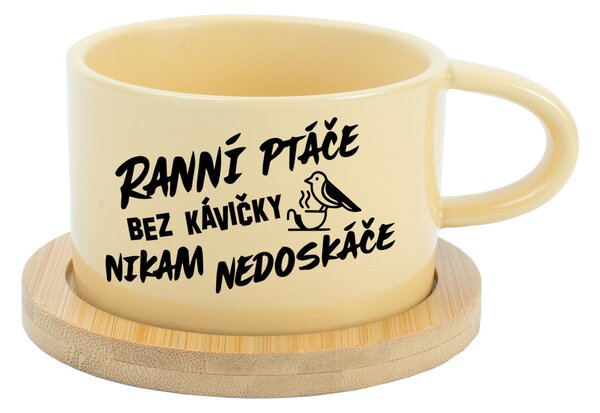 RANNÍ PTÁČE BEZ KÁVIČKY NIKAM NEDOSKÁČE - žlutý hrníček makronka 200 ml