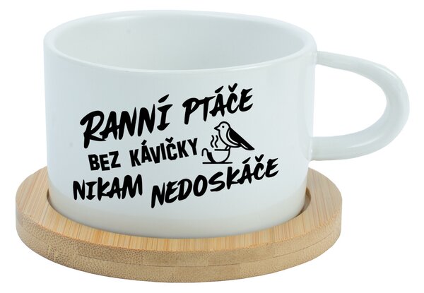 RANNÍ PTÁČE BEZ KÁVIČKY NIKAM NEDOSKÁČE - bílý hrníček makronka 200 ml