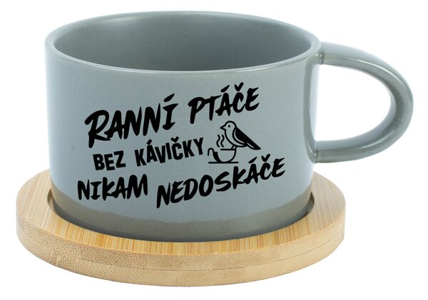 RANNÍ PTÁČE BEZ KÁVIČKY NIKAM NEDOSKÁČE - šedý hrníček makronka 200 ml