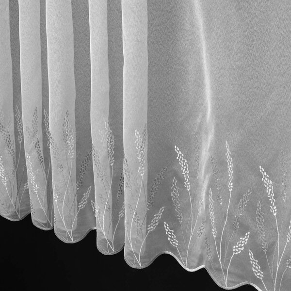 Berk záclona sablé 100284, vyšívané šedé klasy, s bordurou, bílá, výška 160cm ( v metráži)